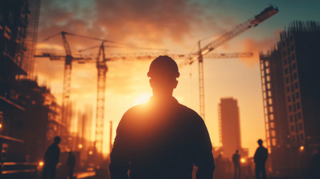 Silhouette of a construction worker standing on a building site with cranes at sunsetの素材