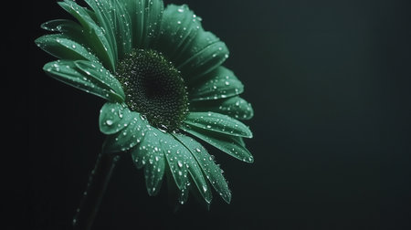 Close up of beautiful dark green flower with dew drops, showcasing intricate details through macro photographyの素材