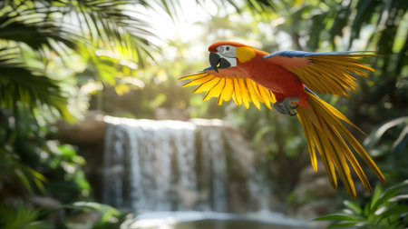 Majestic scarlet macaw soaring through lush tropical rainforest with waterfall in backgroundの素材