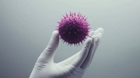 Scientist wearing gloves holding virus model for researchの素材