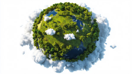Miniature planet earth showcasing lush green vegetation, trees, water bodies, and fluffy clouds, promoting environmental awarenessの素材