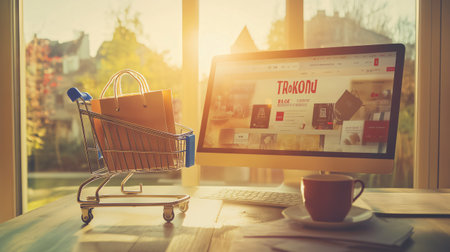 Shopping cart and a computer displaying an online shopping website on a desk at homeの素材
