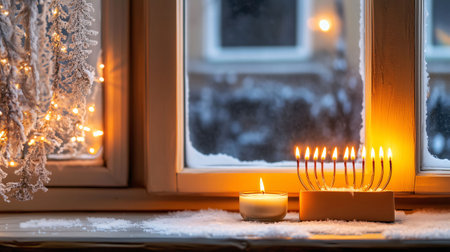 Hanukkah menorah with seven candles burning brightly sits on a snowy window sill with a single white candle next to itの素材