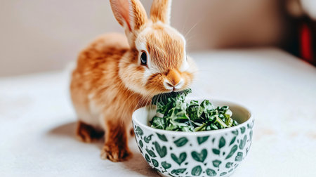 Brown and white rabbit with long ears is happily eating fresh kale from a bowlの素材