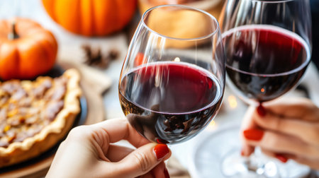 Two people are celebrating thanksgiving by toasting with glasses of red wine at a table laid for a festive mealの素材