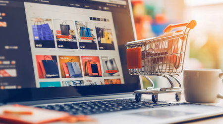 Shopping cart filled with credit cards is standing on a laptop displaying an online shopの素材