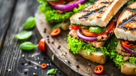 Delicious ciabatta sandwiches with grilled chicken and fresh vegetables are lying on a rustic wooden boardの素材