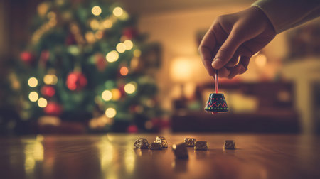 Hand holding a christmas bell ornament over wrapped chocolates on a table with christmas tree in backgroundの素材