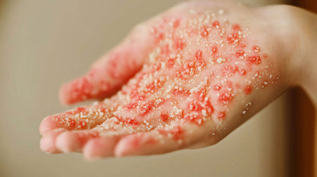 Close-up of a hand with psoriasis experiencing redness, peeling skin, and discomfortの素材