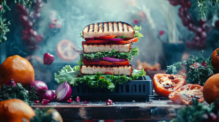 Delicious grilled vegetarian sandwich is prepared with fresh vegetables on a rustic kitchen tableの素材