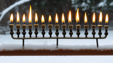 Menorah with all nine candles lit is standing on a snowy windowsill, with a snowy background visible through the windowの素材