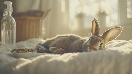 Cute bunny rabbit is relaxing on a bed with food and water nearbyの素材