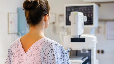 Young patient wearing a gown is waiting for a medical exam in a hospital roomの素材