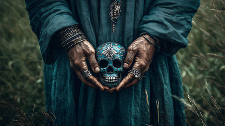 Shaman wearing bracelets and rings holding a blue decorated skull in natureの素材