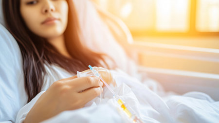 Young patient is lying in a hospital bed, holding a saline solution bag, with a serious expressionの素材