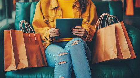 Young woman sitting comfortably on sofa with shopping bags using digital tabletの素材