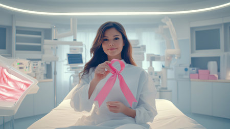 Young woman is sitting on a hospital bed, holding a pink ribbon and smiling, with medical equipment in the backgroundの素材