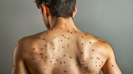Young man is revealing his back which is covered in red spots, possible symptoms of chickenpoxの素材