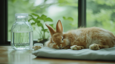 Brown bunny rabbit is taking a nap next to a window with its food and water nearbyの素材