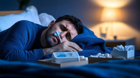 Sick man is sleeping in his bed with a thermometer in his mouth and cold medicine on his nightstandの素材