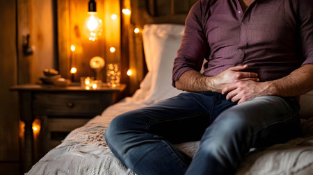 Man is sitting on a bed, holding his stomach in pain, with a concerned expression on his face, diarrheaの素材