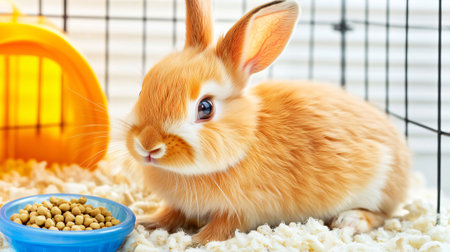 Fluffy red baby bunny is lying down in its cage near its food bowlの素材