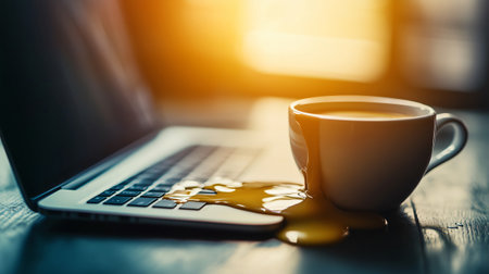Coffee cup spilling over laptop keyboard on desk in home office symbolizing workplace accident, damage, insurance and clumsinessの素材