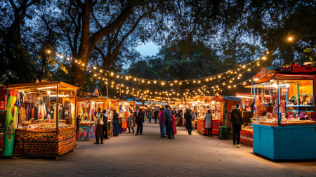 Customers and vendors gathering at an illuminated night market with string lights and souvenir shops in the eveningの素材