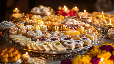 Diwali festive season celebration with a silver tray full of assorted indian sweets and snacks, surrounded by flowers and tea lightsの素材