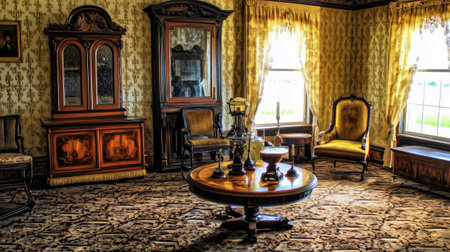 Luxurious victorian-era styled living room featuring ornate furniture and a patterned carpetの素材