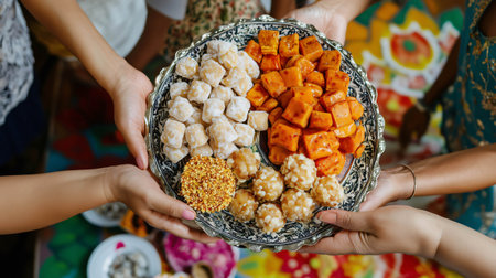 Women holding a plate of traditional indian sweets during diwali celebrationの素材