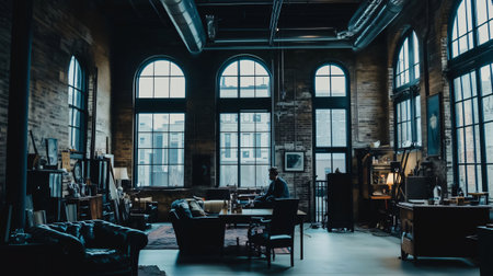 Businessman working remotely sitting at table in open concept industrial style office, loft-styleの素材