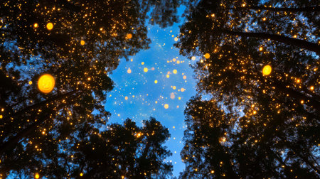 Burning embers falling from the night sky onto trees during a forest fireの素材