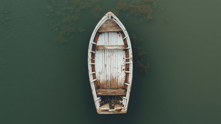 Overhead view of a small, weathered white fishing boat resting on still, dark green waterの素材