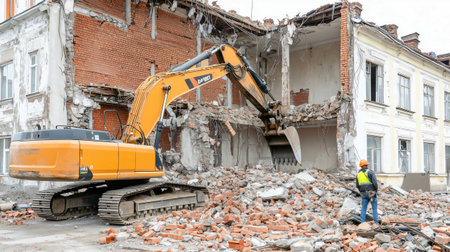Excavator is demolishing a building while a construction worker supervisesの素材