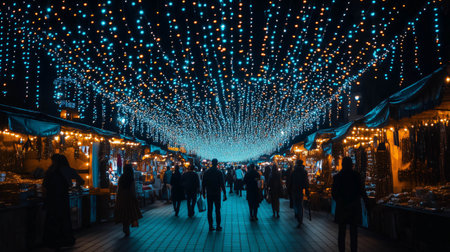 People walking under blue and orange string lights during night timeの素材