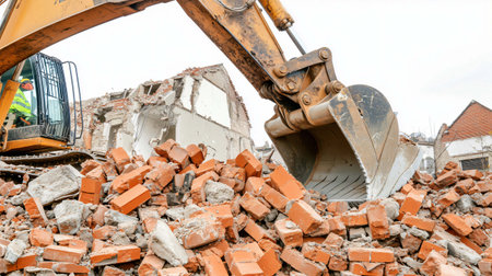 Construction worker using excavator demolishing building on construction siteの素材