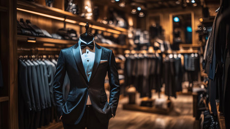 Elegant black suit with bow tie is displayed on a mannequin in a tailoring atelierの素材