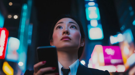 Businesswoman is holding a smartphone and looking up at the city lights at nightの素材