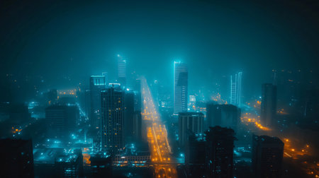 Panoramic view of a modern city center with skyscrapers and traffic at night with fogの素材