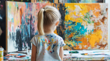 Young artist observing her artwork in a painting studio, developing creativity and passion for artの素材