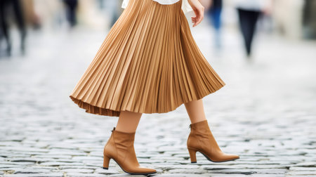 Elegant woman showcasing trendy autumn fashion with flowing pleated skirt and matching ankle boots, strolling through city streetの素材