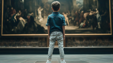 Young boy is observing a painting in an art gallery, standing with his back to the cameraの素材
