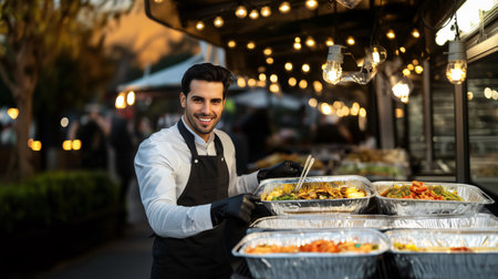 Happy young male chef serving takeaway meals in aluminum containers at a night market food stallの素材