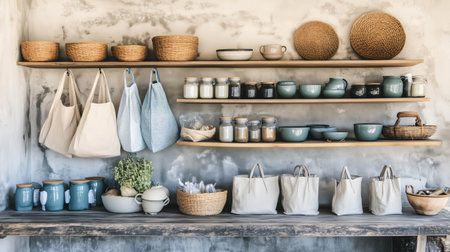 Various reusable containers and grocery bags arranged on shelves and a wooden table, promoting a sustainable lifestyleの素材