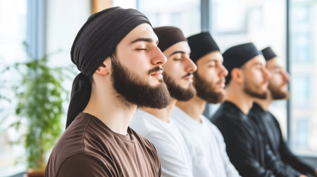 Young muslim men with eyes closed praying in the mosqueの素材