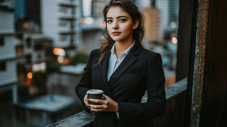 Businesswoman is taking a break on a balcony, holding a coffee and enjoying the city viewの素材