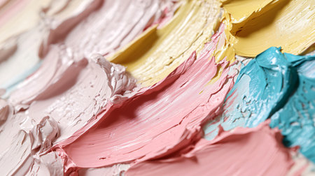 Abstract oil painting is featuring thick brushstrokes and a blend of pink, yellow, and blue pastel colorsの素材