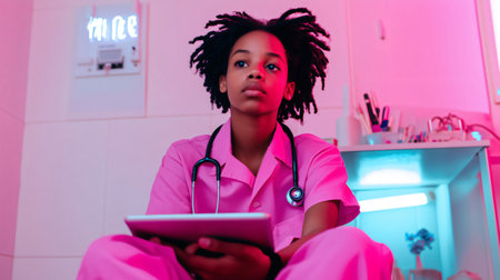 Young doctor wearing pink scrubs holding a digital tablet while sitting and thinking in a doctor's officeの素材