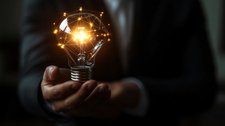 Businessman holding a light bulb with a glowing network, symbolizing innovation and creativityの素材